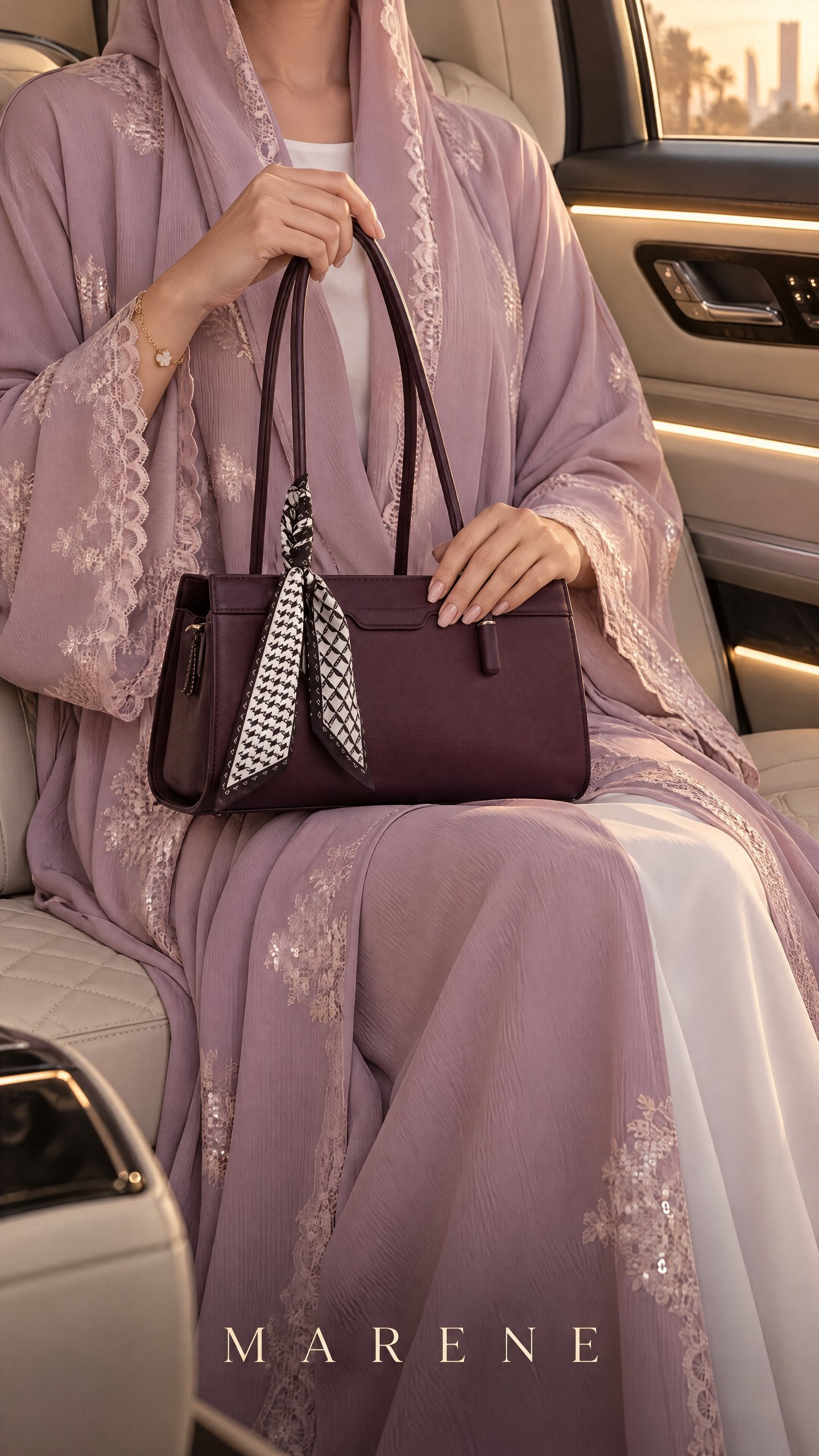 A woman in an abaya holding a Marene bag